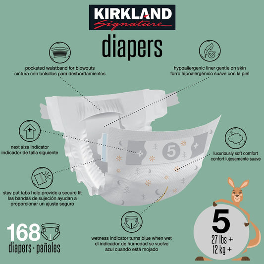 Kirkland Signature Diapers Size 5 (27lbs+) 168 CT