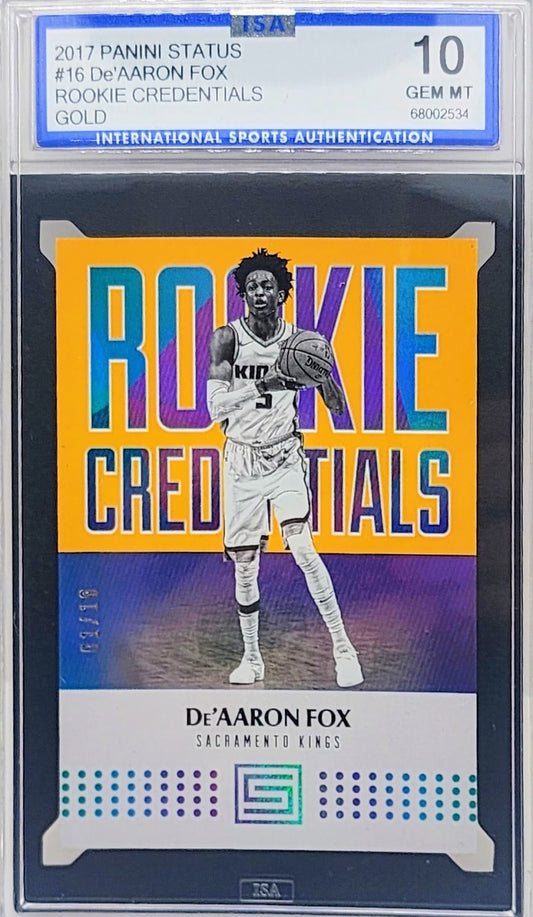 2017 Panini Status #16 De'Aaron Fox Rookies Credentials Gold 1/10 ISA 10 Gem Mint Sacramento Kings