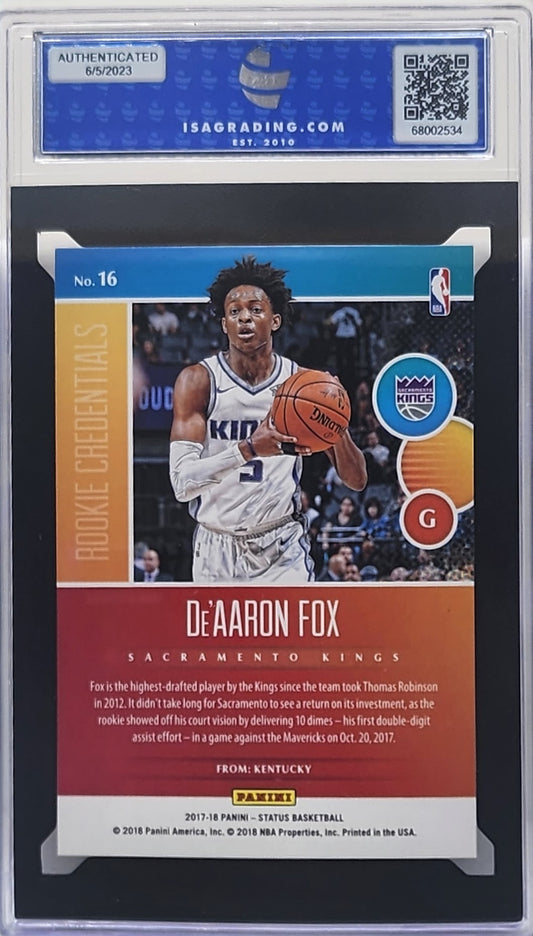 2017 Panini Status #16 De'Aaron Fox Rookies Credentials Gold 1/10 ISA 10 Gem Mint Sacramento Kings