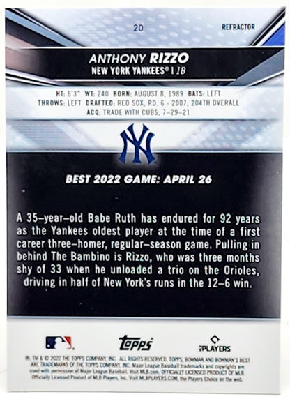2022 Bowman's Best Anthony Rizzo Base Card #20 Yankees