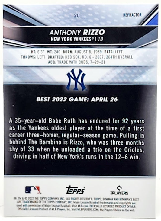 2022 Bowman's Best Anthony Rizzo Base Card #20 Yankees