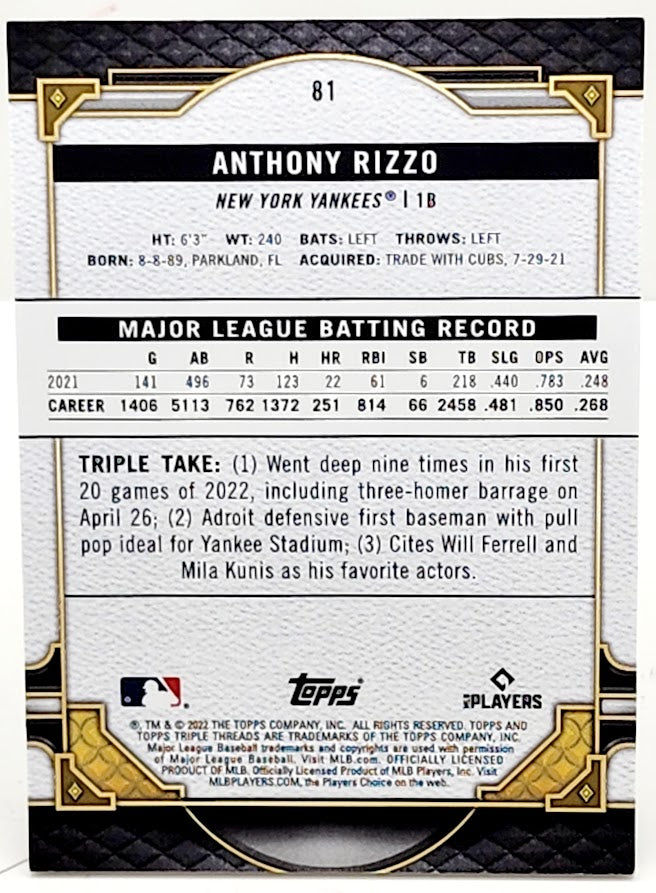 2022 Topps Triple Threads #81 Anthony Rizzo Aquamarine Parallel Card 99/150 Rare