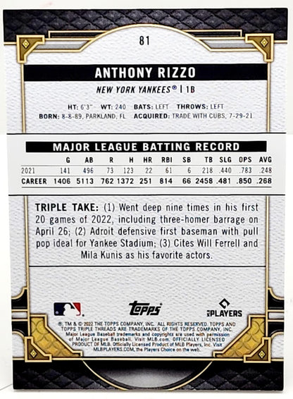 2022 Topps Triple Threads #81 Anthony Rizzo Aquamarine Parallel Card 99/150 Rare