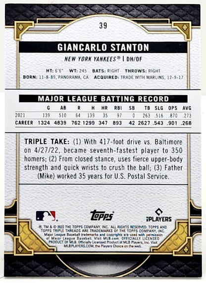Giancarlo Stanton 2022 Topps Triple Threads Citrine Parallel 21/75 - Yankees 39