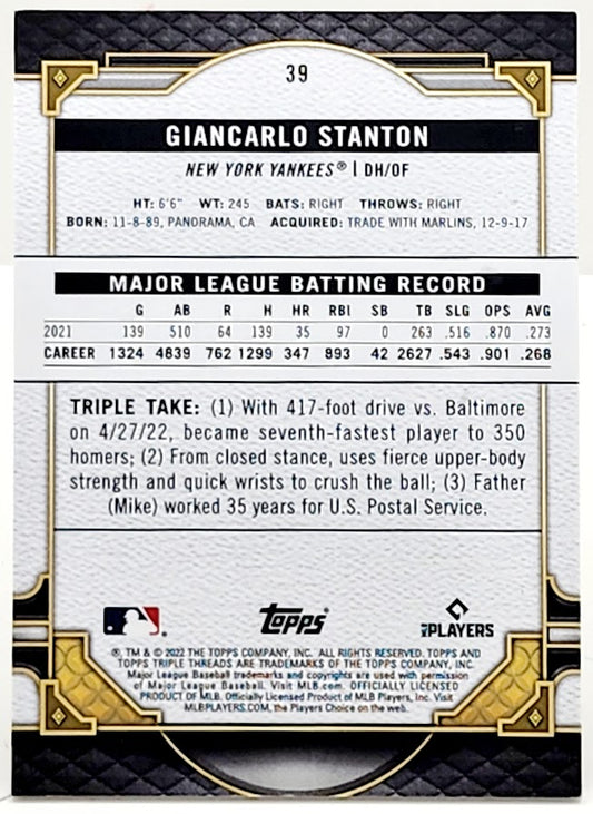 Giancarlo Stanton 2022 Topps Triple Threads Citrine Parallel 21/75 - Yankees 39