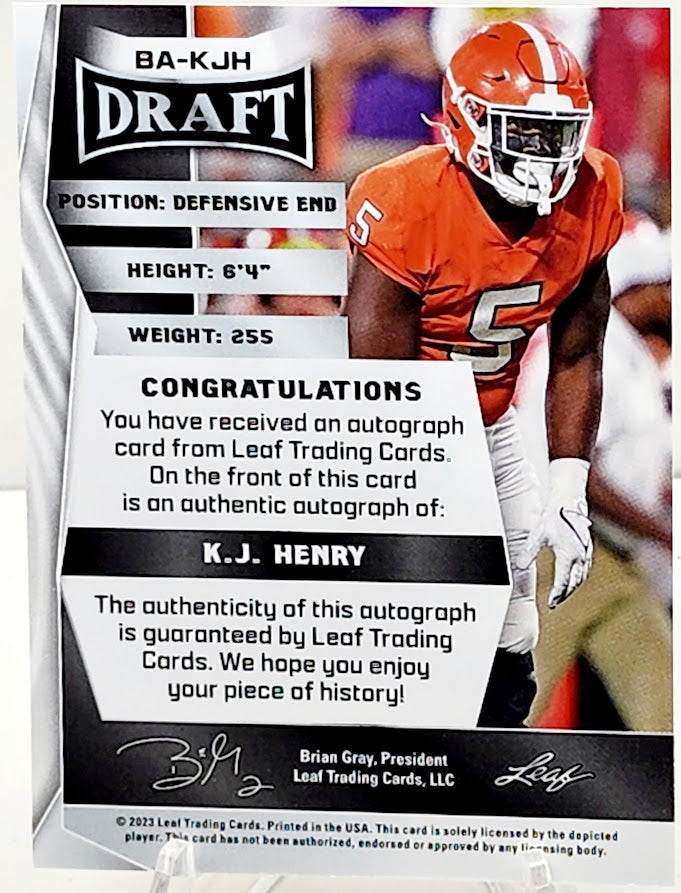 K.J. Henry 2023 Leaf Draft GOLD Auto XRC SP #BA-KJH Clemson Commanders