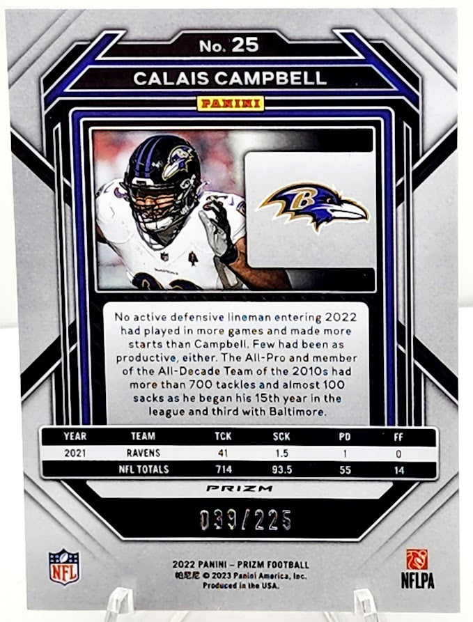 2022 Panini Prizm CALAIS CAMPBELL #25 Purple Cracked Ice /225 RAVENS