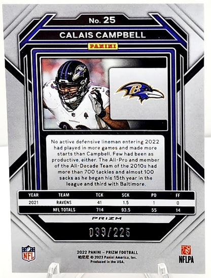 2022 Panini Prizm CALAIS CAMPBELL #25 Purple Cracked Ice /225 RAVENS