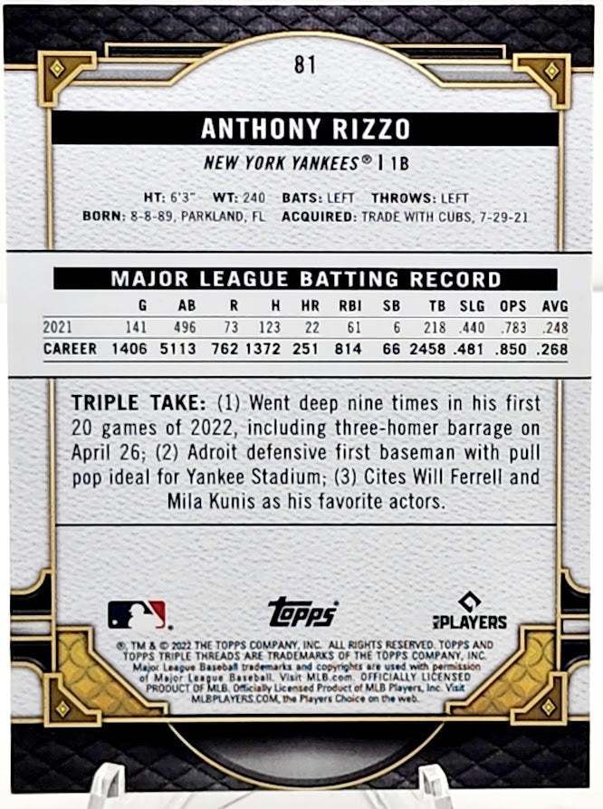 2022 Topps Triple Threads #81 Anthony Rizzo Sapphire #/25