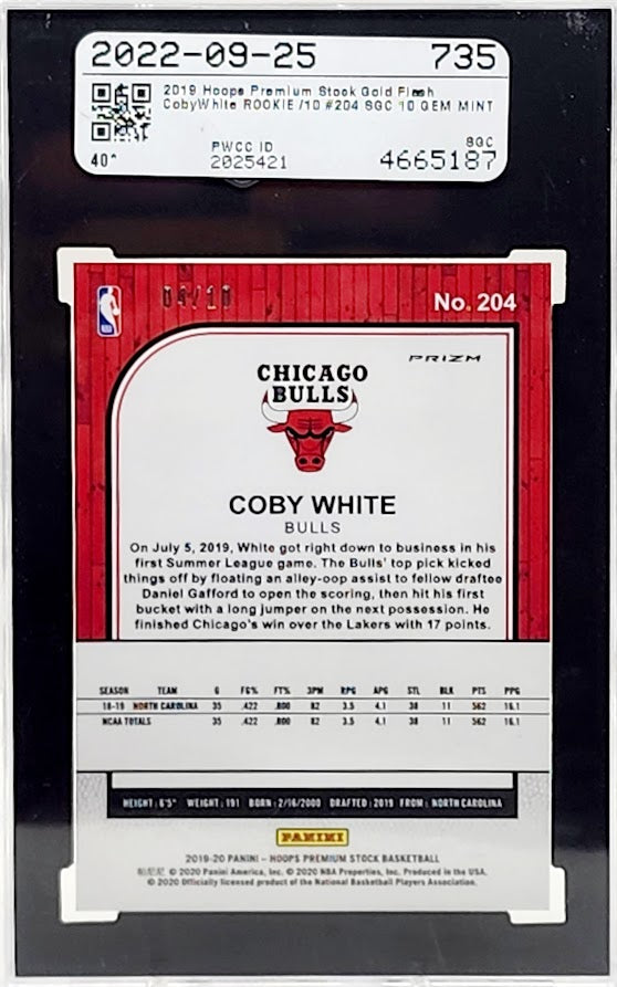 2019-20 NBA Hoops Premium Stock Gold Flash Prizm /10 Coby White SGC 10