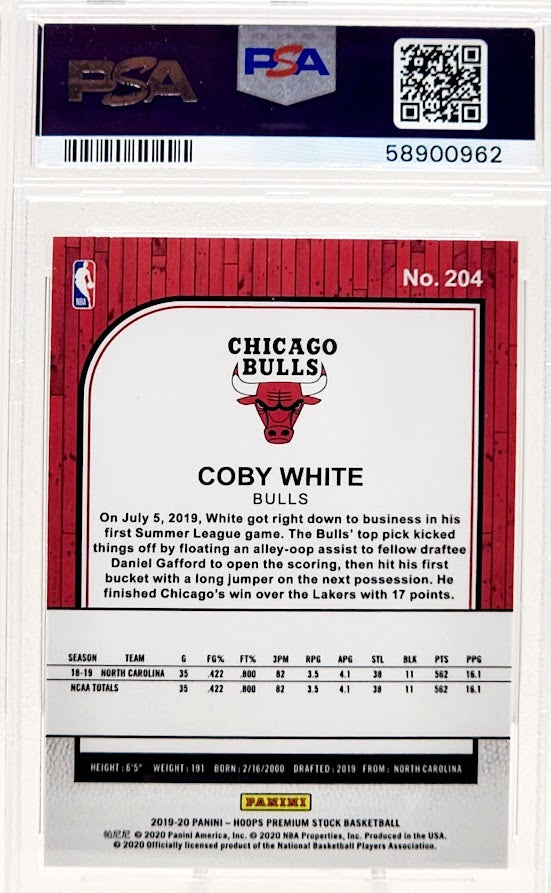 2019-20 Panini NBA Hoops Coby White Rookie Card No. 204 PSA 10