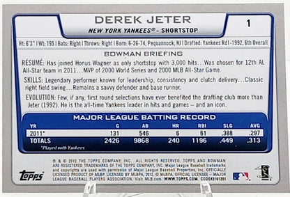 2012 Bowman New York Yankees Baseball Card #1 Derek Jeter HOF