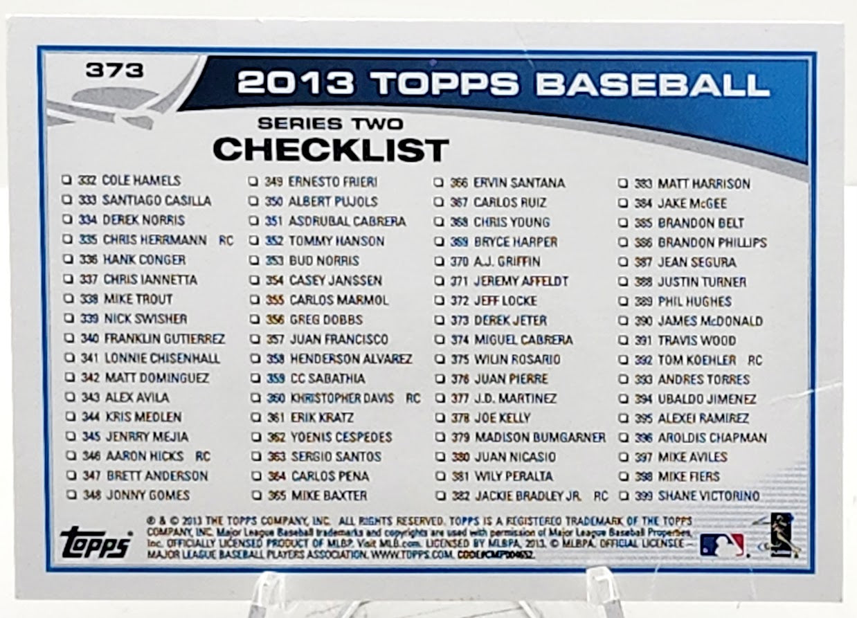 2013 Topps Baseball Card Derek Jeter Record Chase 3,500 Hits Checklist #373