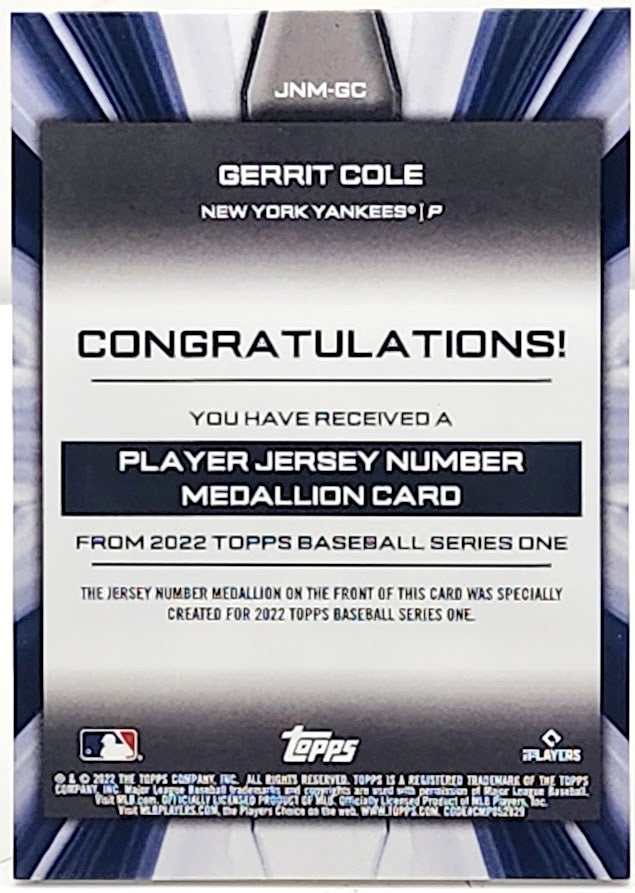 2023 Topps Series 1 Gerrit Cole Commemorative Jersey Number Medallion #JNM-GC