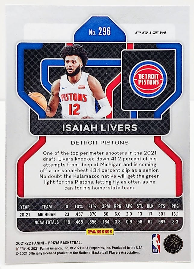 2021-2022 Panini Prizm Pulsar Isaiah Livers #296 Detroit Pistons
