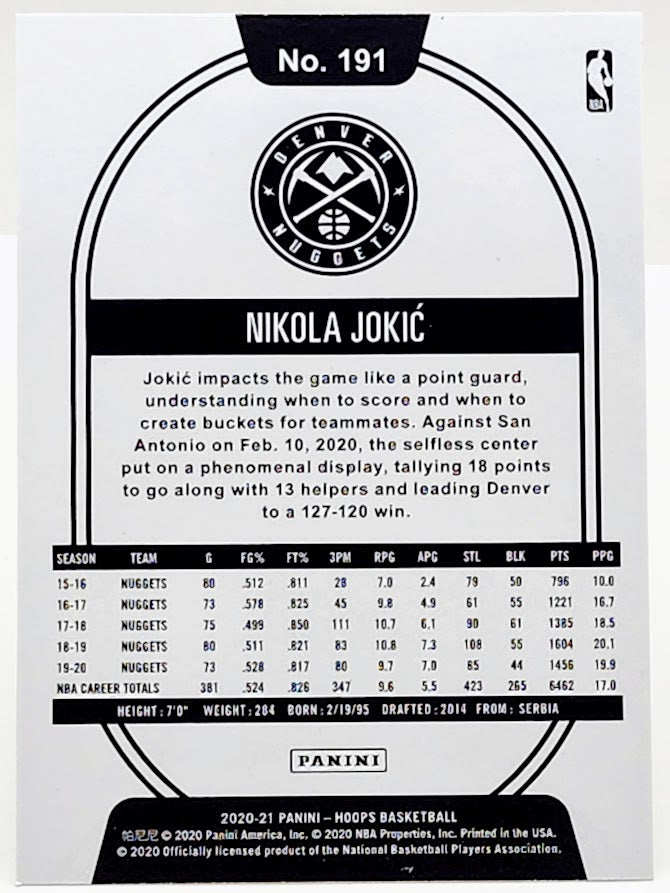2020-21 Nikola Jokic Panini NBA Hoops Winter Parallel #191 Denver Nuggets
