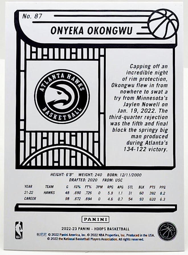 2022-23 NBA Hoops Premium Onyeka Okongwu Silver Holo # 87 /199 Atlanta Hawks