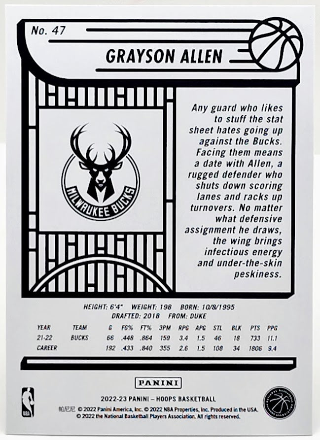 2022-23 Panini NBA Hoops Grayson Allen Blue Parallel #47 Milwaukee Bucks