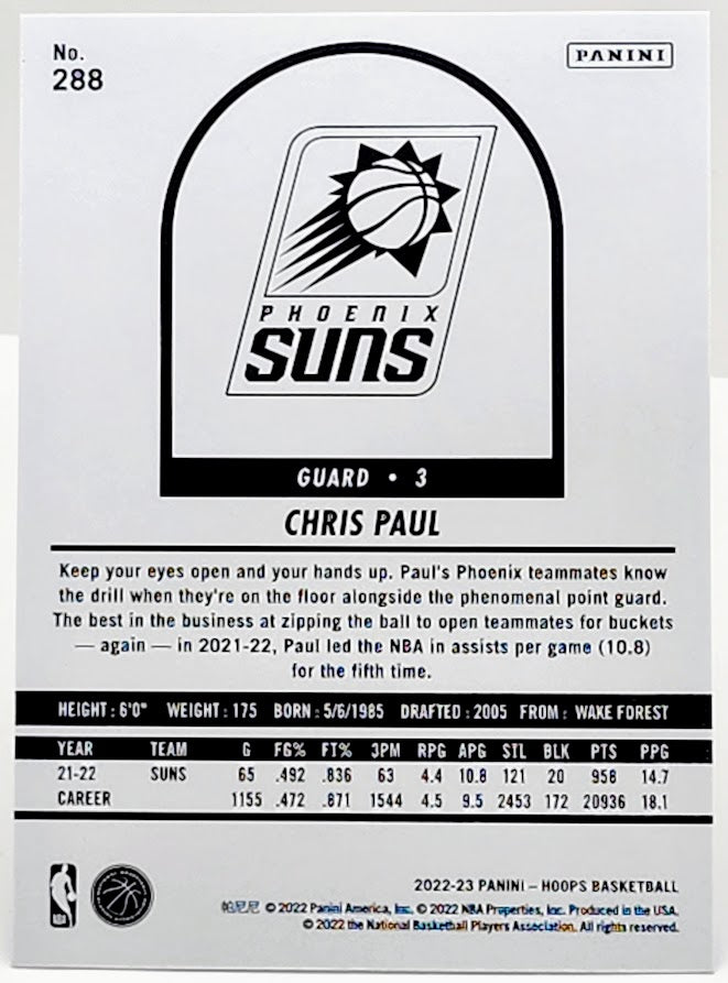 Chris Paul Phoenix Suns 2022-23 Panini NBA Hoops Tribute Blue Parallel #288 Card