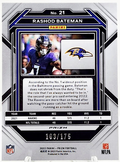 2022 Panini Prizm Football RASHOD BATEMAN #21 Green Hype Prizm #/175 RAVENS