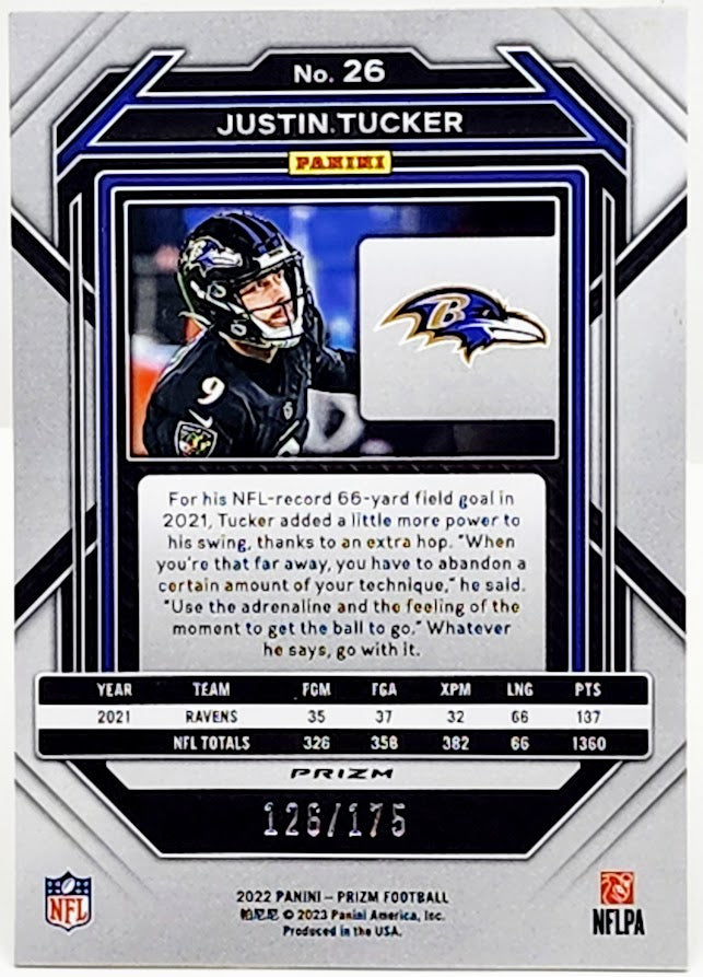2022 Panini Prizm Justin Tucker #26 Hyper Green Prizm /175 RAVENS