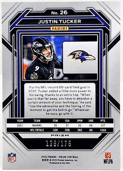 2022 Panini Prizm Justin Tucker #26 Hyper Green Prizm /175 RAVENS
