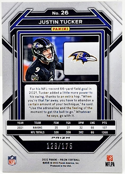 2022 Panini Prizm Justin Tucker #26 Hyper Green Prizm /175 RAVENS