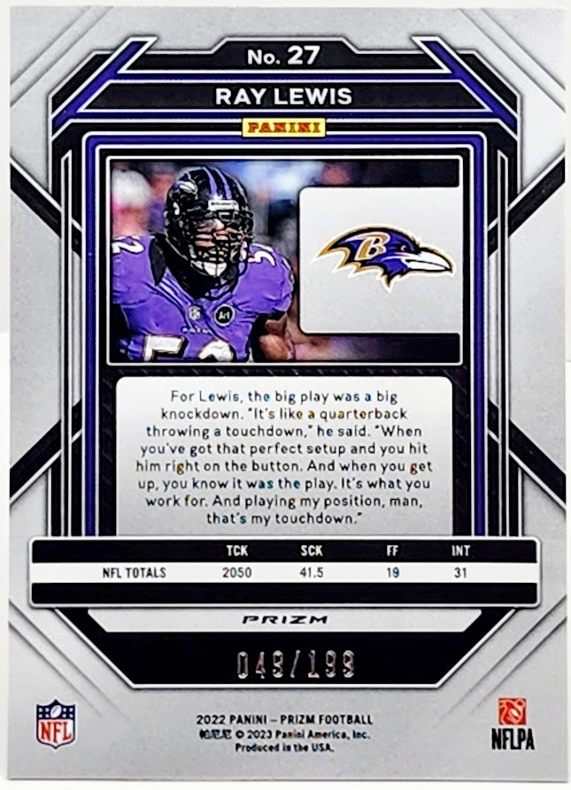 2022 Panini Prizm Blue Wave Ray Lewis HOF Baltimore Ravens /199 #27
