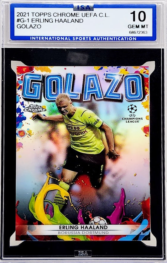 2021/22 Topps Chrome UCL Golazo Refractor Erling Haaland #G1 ISA 10 GEM MT