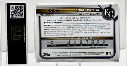 Bobby Witt Jr. #/150 2022 Topps Bowman Chrome Mojo Blue Refractor Prospect Card #BCP-146 GMA 10 GEM Mint