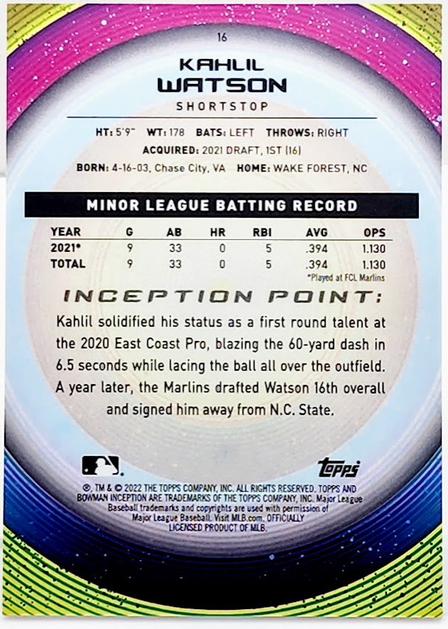 2022 Bowman Inception #16 Orange Kahlil Watson RC 20/25 MARLINS