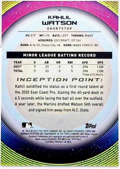 2022 Bowman Inception #16 Orange Kahlil Watson RC 20/25 MARLINS