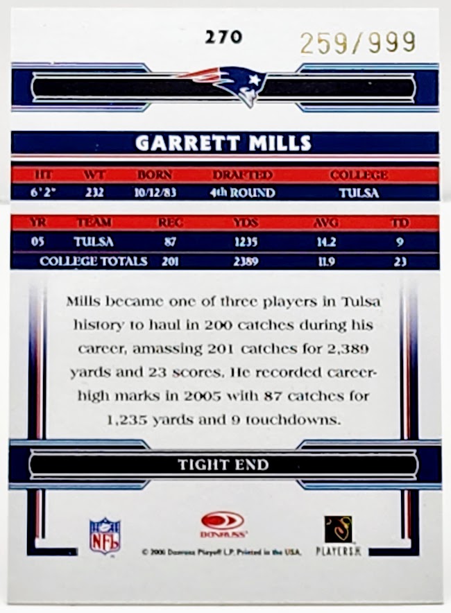 2006 Donruss Threads 259/999 Garrett Mills #270 Rookie Auto RC