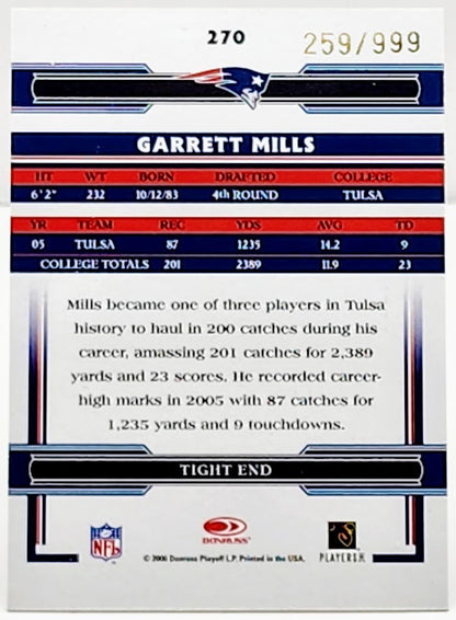 2006 Donruss Threads 259/999 Garrett Mills #270 Rookie Auto RC
