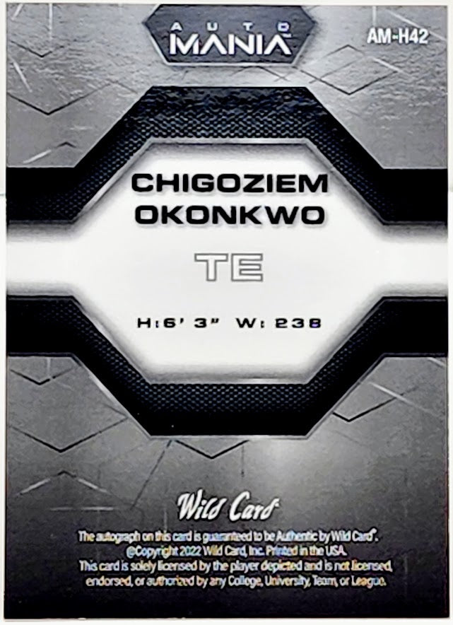 2022 Wild Card Auto Mania Orange #AM-H42 Chigoziem Okonkwo Rookie Auto 3/10