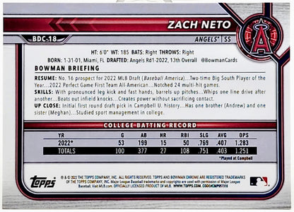 2022 Bowman Draft Chrome Zach Neto 1st Prospect #BDC-18 Rookie LA Angels