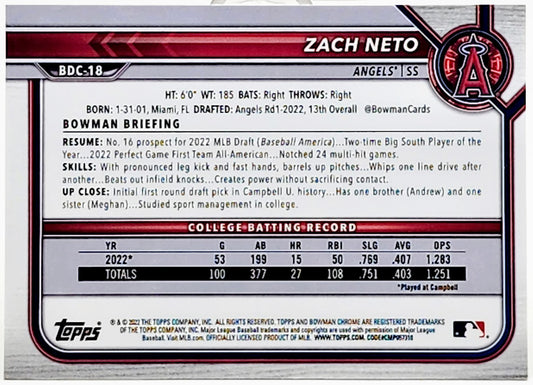 2022 Bowman Draft Chrome Zach Neto 1st Prospect #BDC-18 Rookie LA Angels