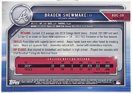 2019 Bowman Draft BRADEN SHEWMAKE Chrome 1st Refractor #BDC-59 RC Braves