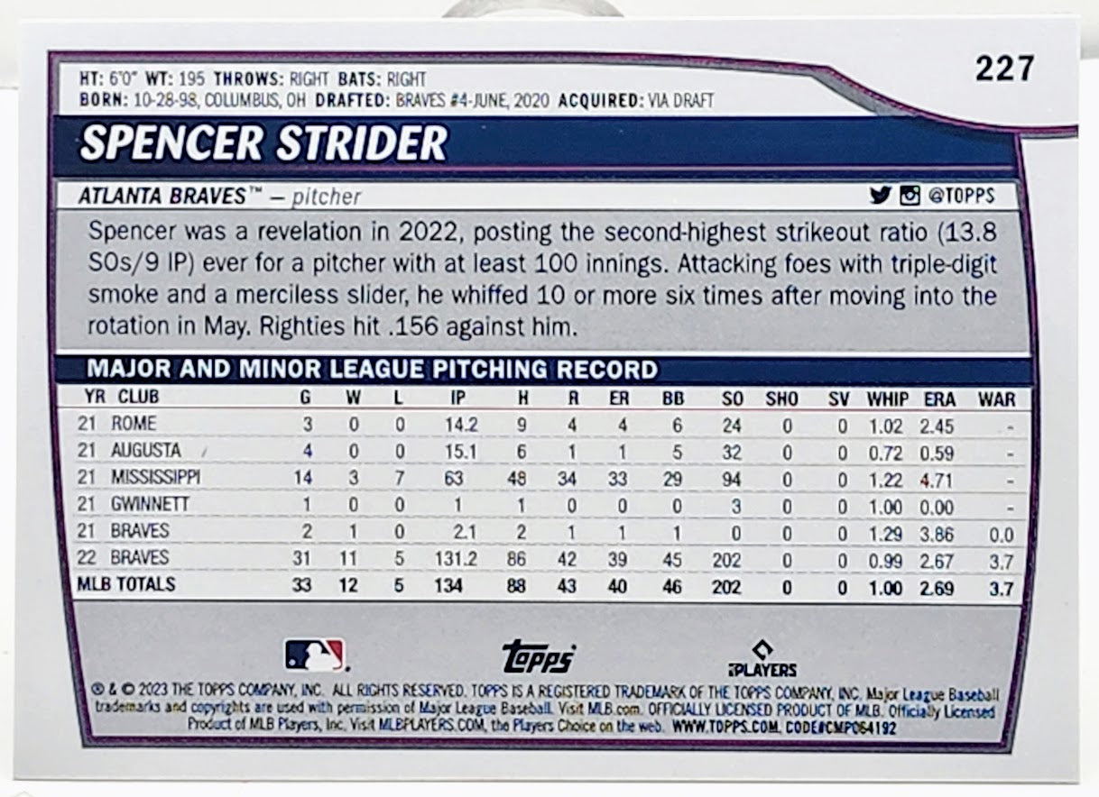 2023 Big League Base Uncommon Rainbow Foil #227 Spencer Strider - Atlanta Braves