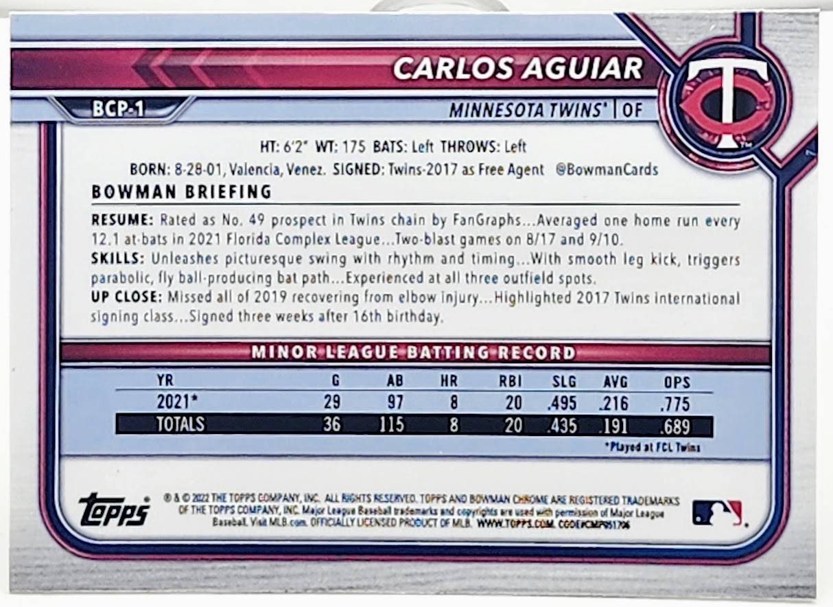 2022 Bowman Chrome Carlos Aguiar 1st Bowman Prospect #BCP-1 Minnesota Twins - walk-of-famesports