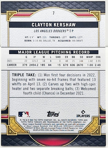 2022 Topps Triple Threads Clayton Kershaw Green Parallel Card 27/259 - walk-of-famesports