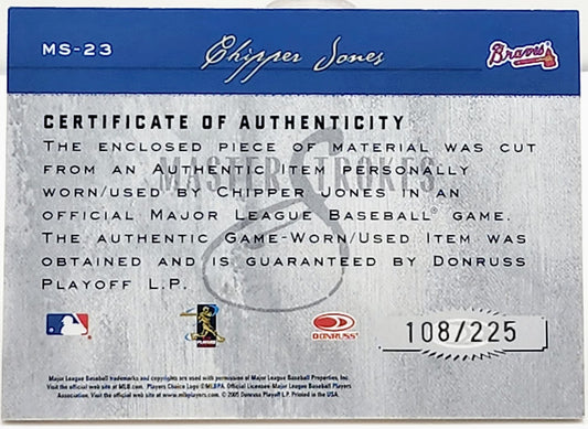 Chipper Jones 2005 Studio Masterstrokes Jersey 108/225 Card# MS-23 - walk-of-famesports
