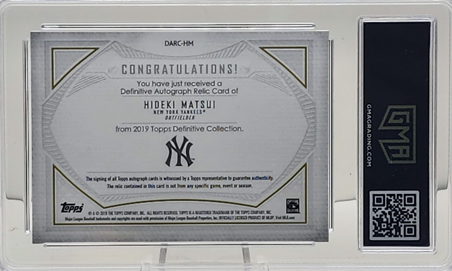 2019 Topps Definitive #DRAC-HM Hideki Matsui Auto Relics 21/25 GMA 9 Mint - walk-of-famesports