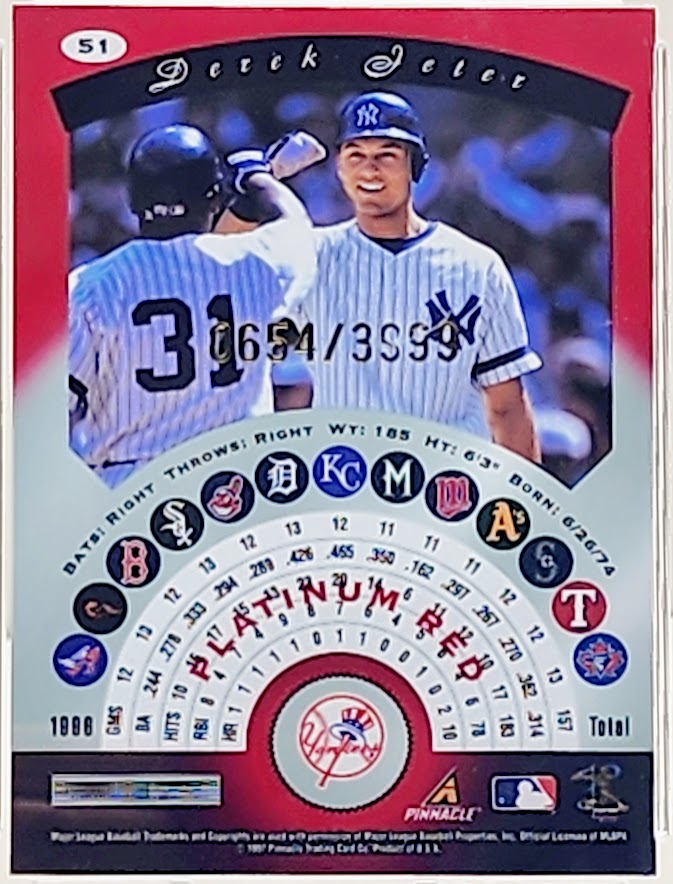1997 Pinnacle Totally Certified #51 Derek Jeter Platinum Red 0654/3999 Yankees GMA 9 Mint - walk-of-famesports