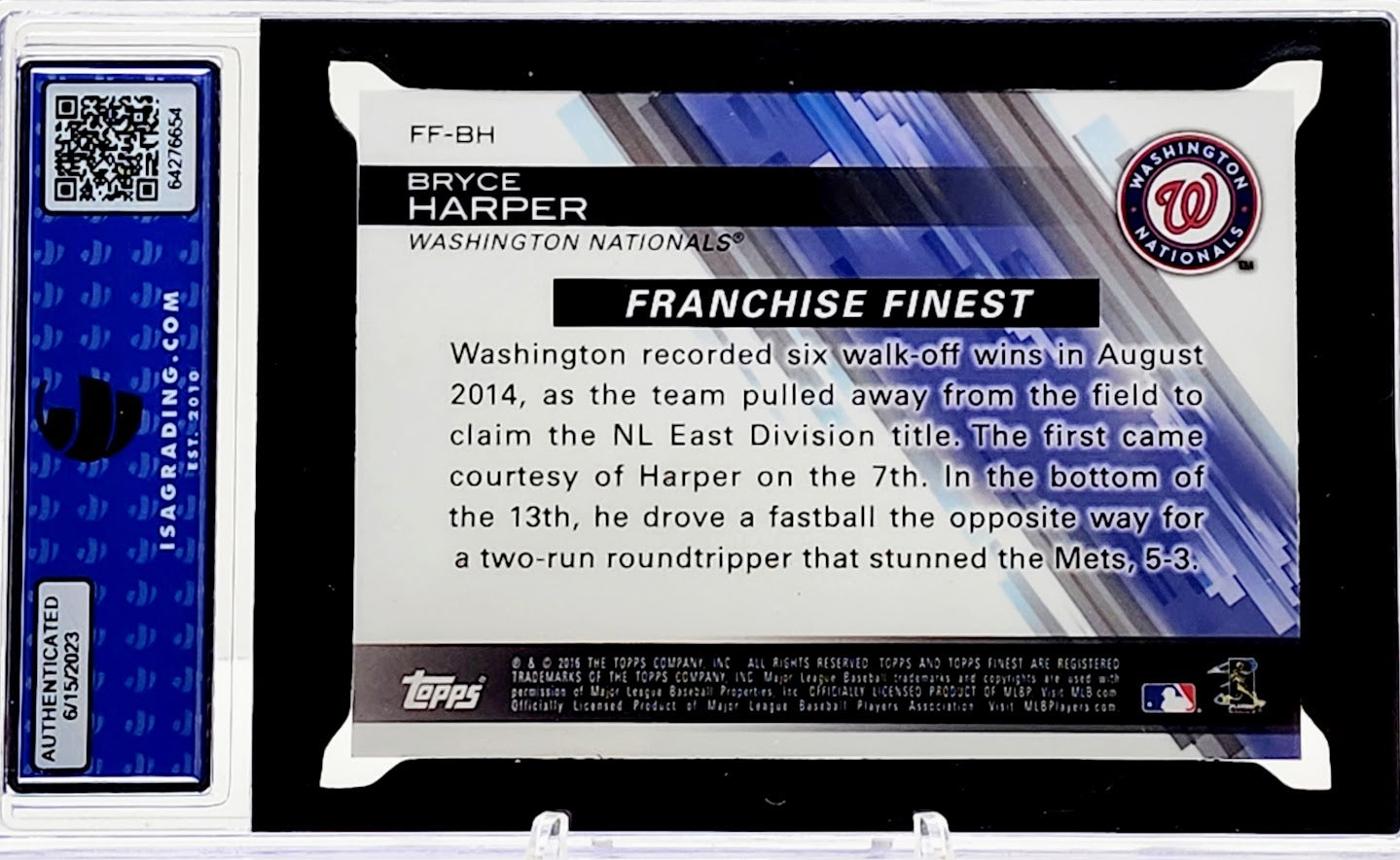2016 Topps Finest Franchise Finest Refractor Nationals Bryce Harper Card #FF-BH ISA 10 Gem MT