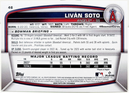 2023 Bowman Livan Soto RC #46 Neon Green Parallel #302/399 Angels
