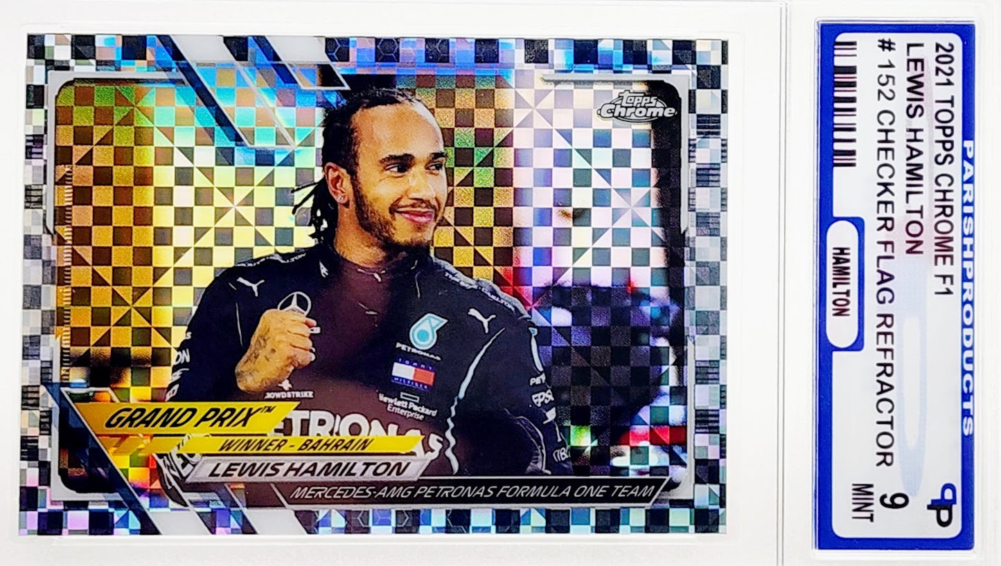 2021 Topps Chrome F1 Grand Prix Winner Checker Flag Refractor #152 Lewis Hamilton Parish 9 Mint