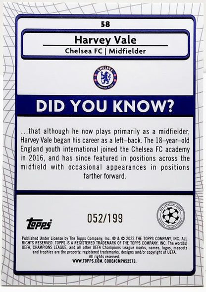 2021-22 Topps Merlin UEFA Harvey Vale /199 Aqua Speckle Refractor RC #58 CHELSEA