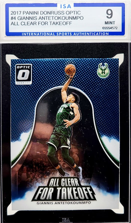 Giannis Antetokounmpo 2017 Panini Donruss Optic All Clear For Takeoff Holo #4 ISA 9 Mint