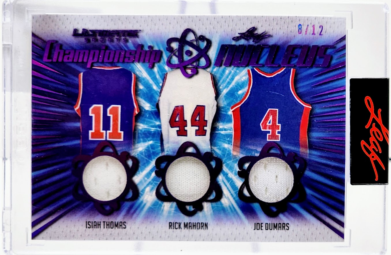 2021 Leaf Ultimate Sports Championship Nucleus Isiah Thomas, Rick Mahorn, Joe Dumars #8/12 Relic #CN-13 Card
